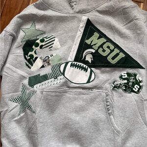 MSU Grey Hoodie with Green Appliqué Football Design